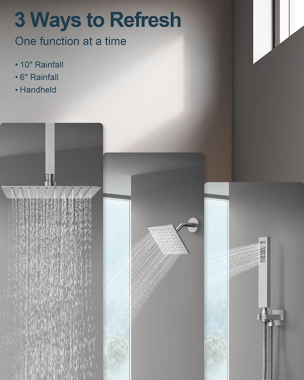 Brushed Nickel 3-Function Shower System with 10' Rainfall & 6' Secondary Shower Head, Handheld Combo Set, Wall Mounted cUPC Certified Pressure Balance Valve