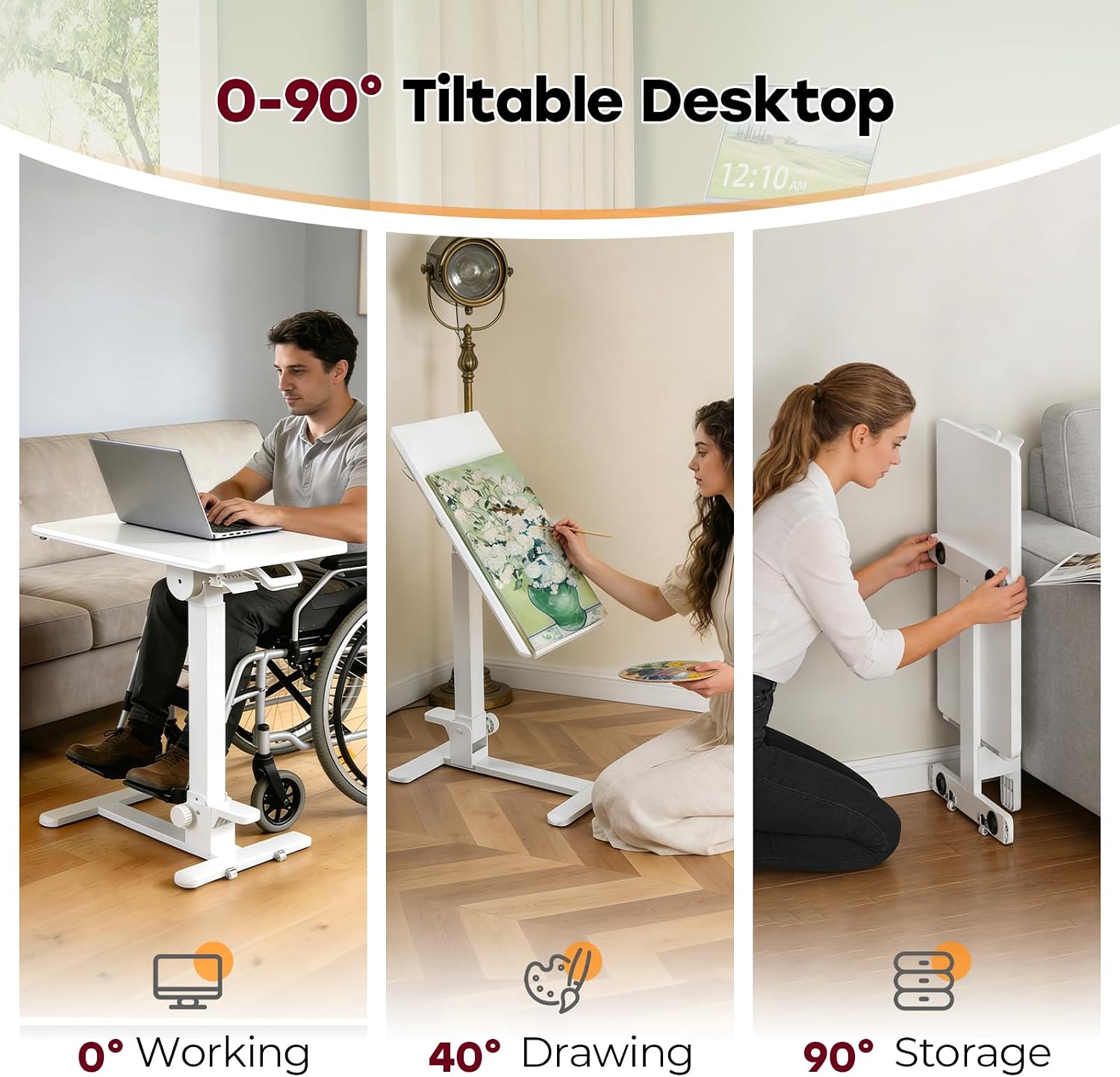 Foldable Mobile Standing Desk, 27 Inch Small Rolling Laptop Cart Height Adjustment, 90° Tiltable Bedside Table, No Assembly Needed Portable Computer Workstation, White