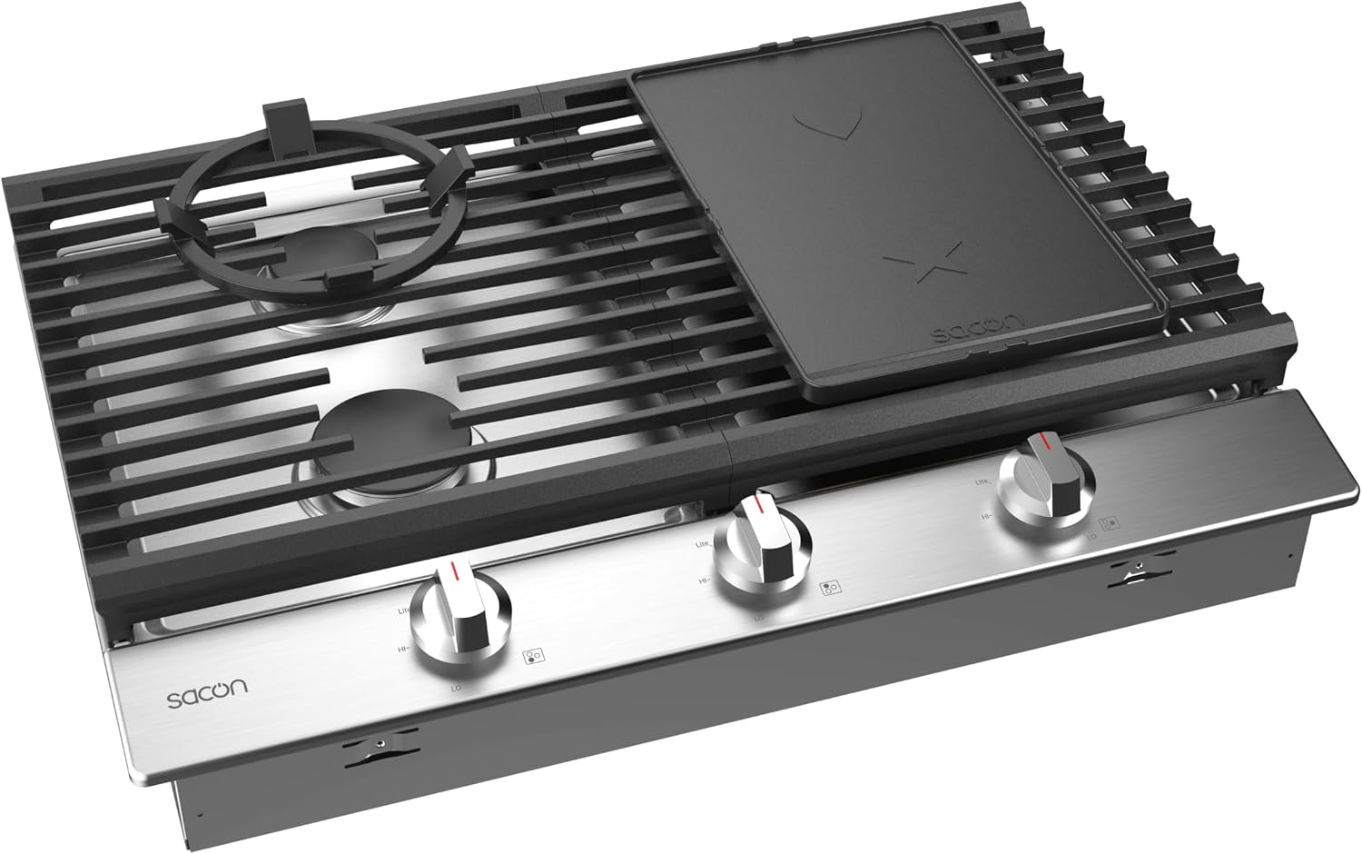 Sacon 30-Inch Gas Cooktop, 3 Burners with 46,000 BTU, Heart-to-Star Griddle, 30W x 21D x 6.7H inches, Stainless Steel SUS304, Built-in Installation