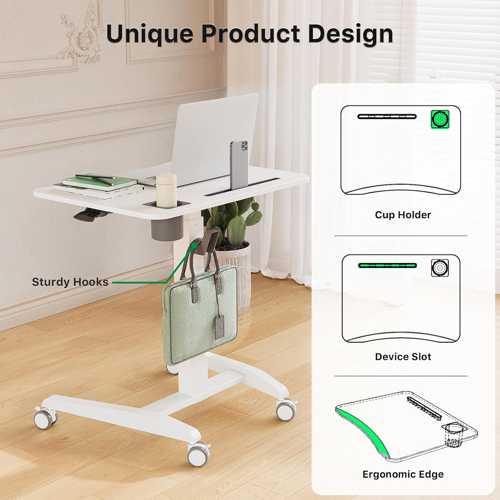 Gibbon Mounts Mobile Standing Desk, Height Adjustable Rolling Laptop Desk, 27 inches Portable Sit Stand Desk with Wheels and Hook, Pneumatic Computer Table, White