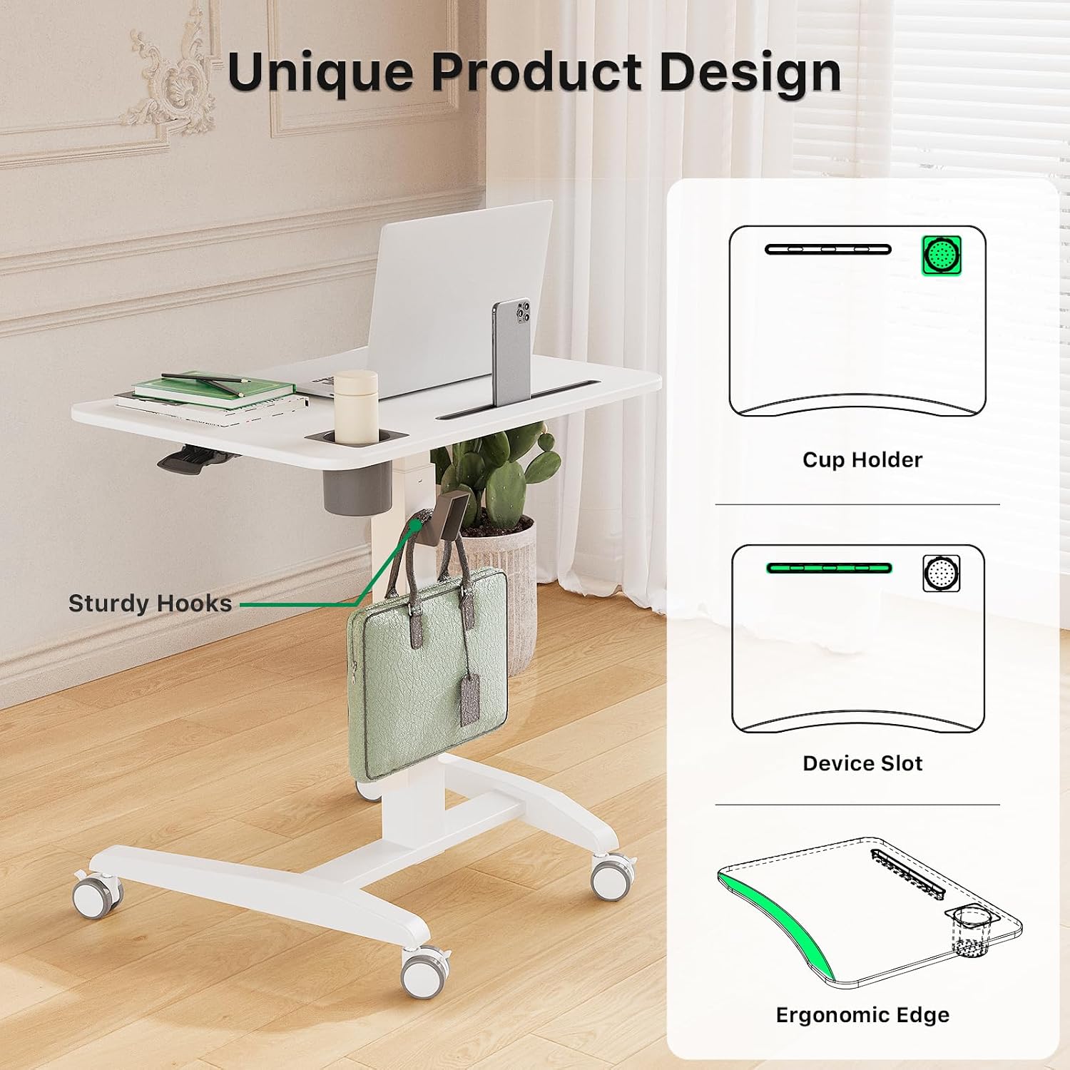 Gibbon Mounts Mobile Standing Desk, Height Adjustable Rolling Laptop Desk, 27 inches Portable Sit Stand Desk with Wheels and Hook, Pneumatic Computer Table, White