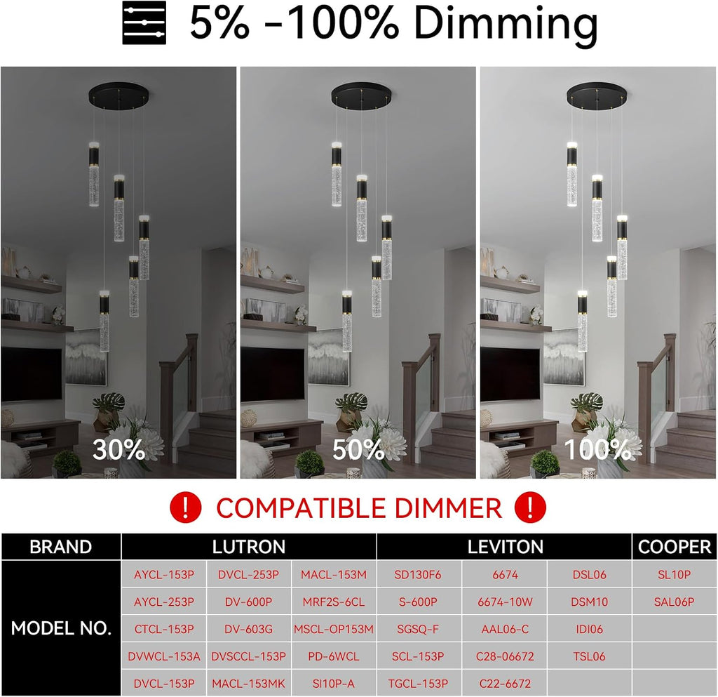 5-Light Pendant Lights, Modern Black Gold Pendant Light Fixtures with Bubble Crystal, Dimmable LED, Kitchen Island & Dining Room