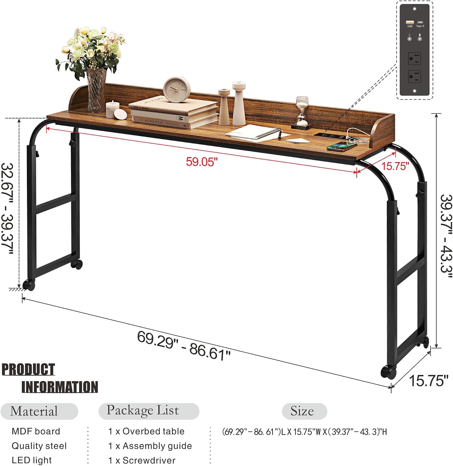 HWB Overbed Desk with Charging Station-Over Bed Table-Adjustable Length/Height with Wheels - Human Sensor LED Light Mobile Queen Size Bed Table Rolling Tray Table for Eating & Laptops, Brown