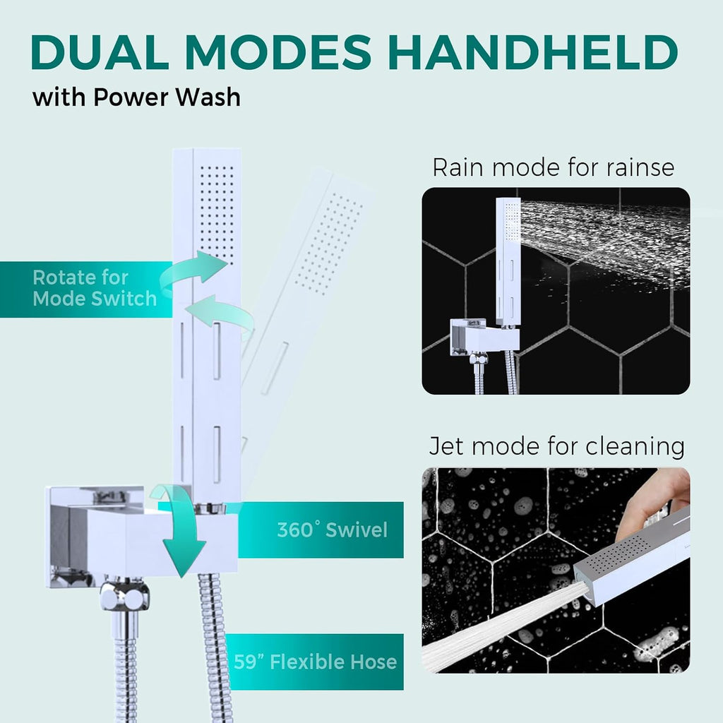Thermostatic Dual Heads Shower System Chrome Faucets Set, 4-Way Full Body Spray Shower Fixtures 14X20' LED Rainfall Shower Head with 6' Wall Mount Showerhead, Dual-mode Handheld, 4 Jets with Shut-Off