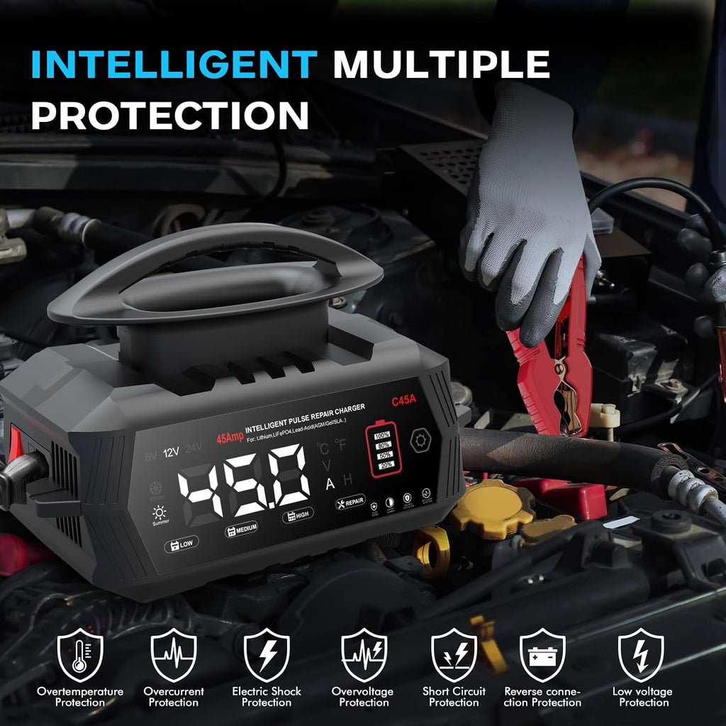 Haisito 45 Amp Car Battery Charger, 12V/24V Lithium LiFePO4 Battery Charger Automatic Battery Maintainer, Portable Smart Trickle Charger for Automotive Car Truck Motorcycle Lawn Mower Boat AGM Gel