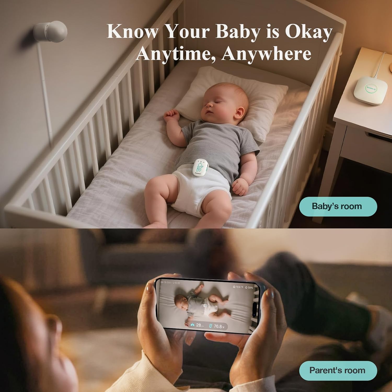 Sense-U Pro Baby Breathing Movement Monitor with 2.5K PTZ Camera: Track Breathing with Gentle Vibration, Sleep Position, Temperature Notifications, 2.5K Video, Background Audio, No Monthly Fee