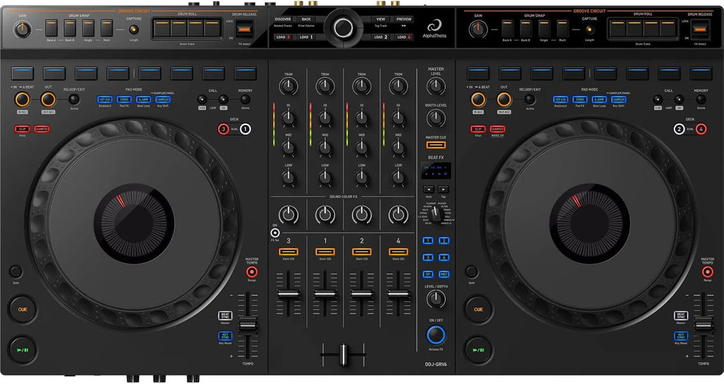 DDJ-GRV6 4-Channel DJ Controller with 2x Hosa CPR-203 Dual 1/4' to Dual RCA Cables and Hosa STX-105M 1/4' TRS to XLR Cable
