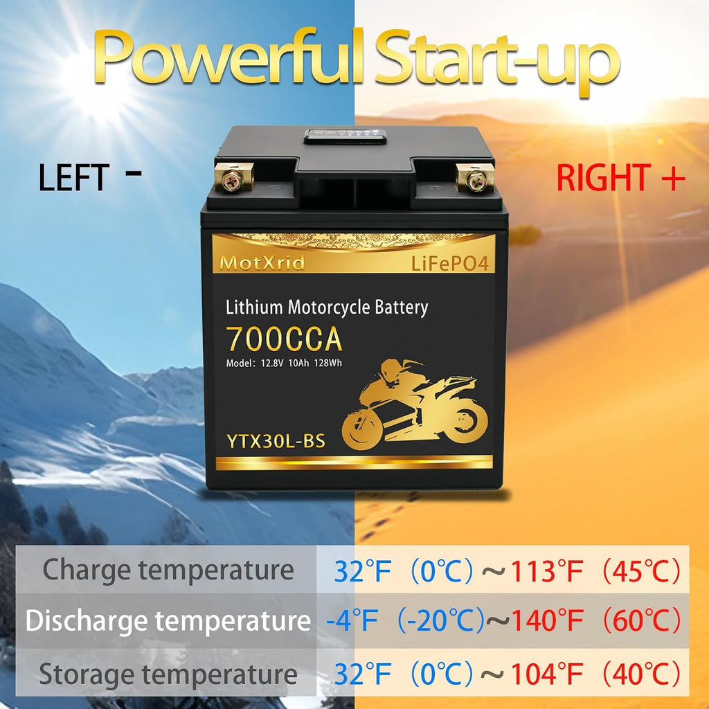 YTX30L-BS 700A Lithium LiFePO4 Powersport Start Motorcycle Battery, 12.8V 10AH, For UTV,ATV,Jet Ski, PWC,Scooter,Riding Lawn Mower,Tractor,Snowmobile,Quad,Intelligent BMS,Digital Readout
