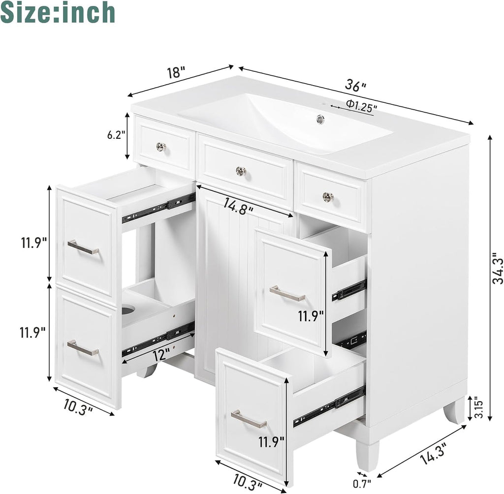 LUMISOL 36' Bathroom Vanity with Sink Top, Modern Bathroom Vanity with 3 Drawers & Cabinet, Solid Wood Bathroom Cabinet with Undermount Basin, White