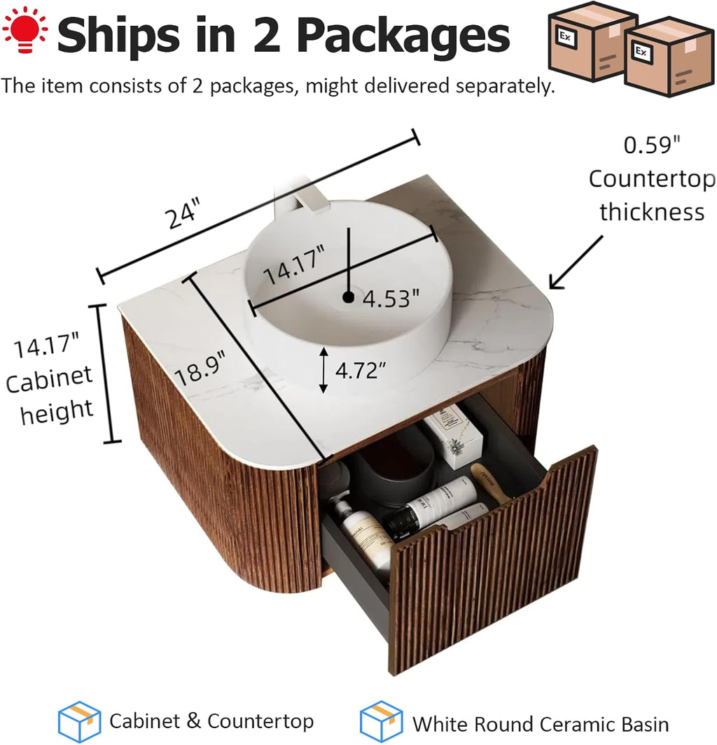24' Modern Floating Bathroom Vanity with Sink, Wall-Mounted Cabinet with Ultra-Thin Ceramic Basin and Marble Top, Extra Large Storage Drawer, Soft-Close Design, Dark Walnut
