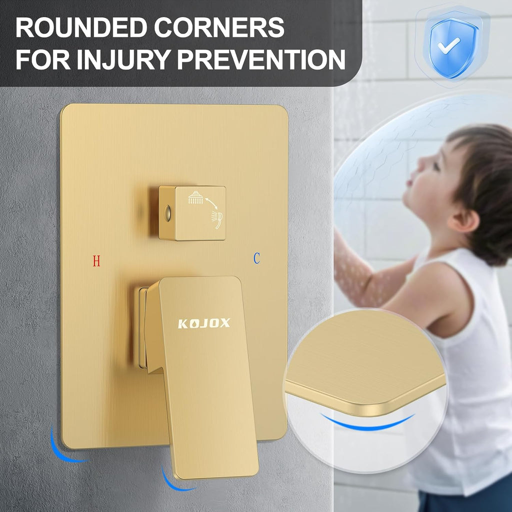 KOJOX Shower System Bathroom Luxury 12 Inch Rain Shower Head with Handheld Mixer Shower Combo Set Wall Mounted Shower Faucet Trim with Valve Brush Gold