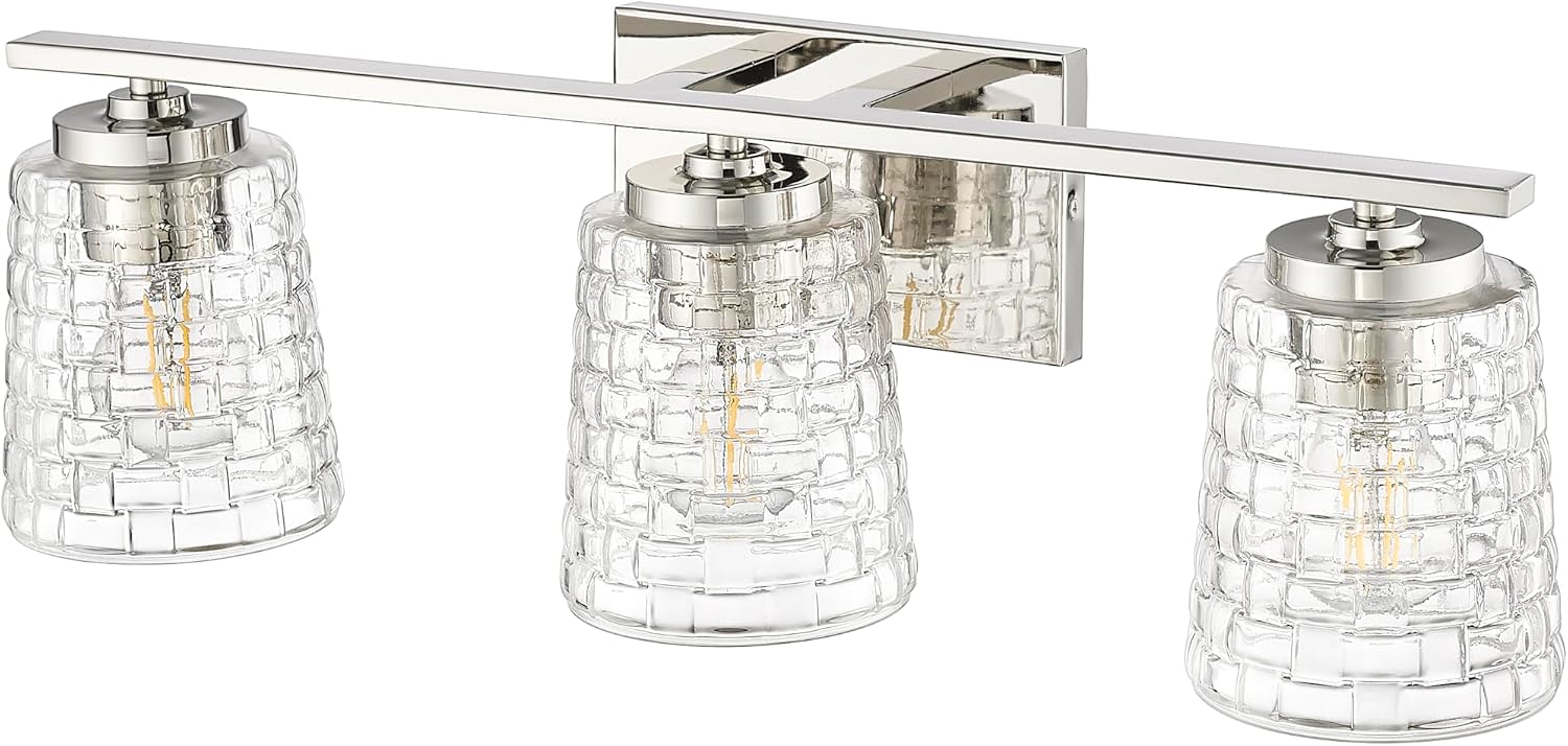 ML Lighting | Saben Collection | 22103-PN | 3 Light Vanity in Polished Nickel Finish with Clear Woven Glass Shade | Versatile Design That adds High-End Texture and Elegance to Your Bathroom