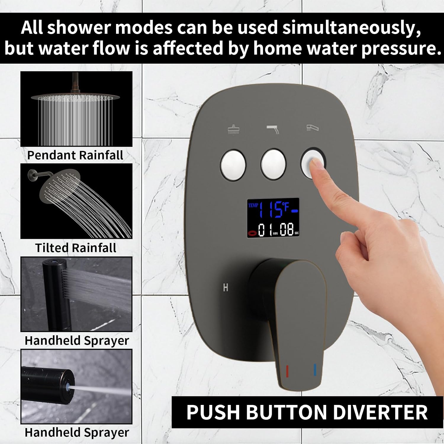 Shower Faucet Set Matte Black Shower System Temperature Display Diverter Shower Valve and 2 in 1 Handheld with Slide Bar, 12 Inch Ceiling Shower Head with 8 Inch Wall Mount Shower Head