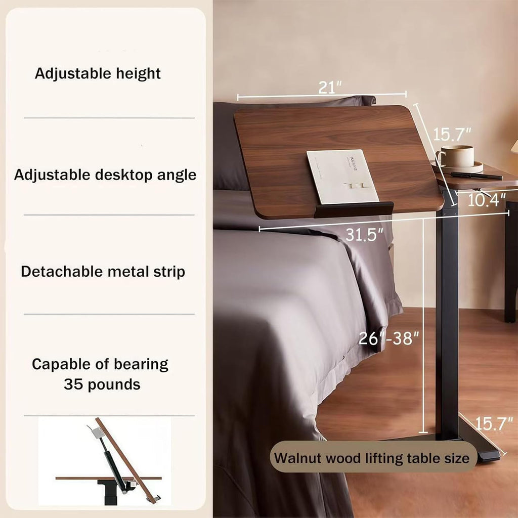 Upgraded Overbed Bedside Desk with Hidden Wheels, Height Adjustable Rolling Laptop Stand with Extended Front Stopper, Tilting Over Bed Table for Bed Sofa, Walnut