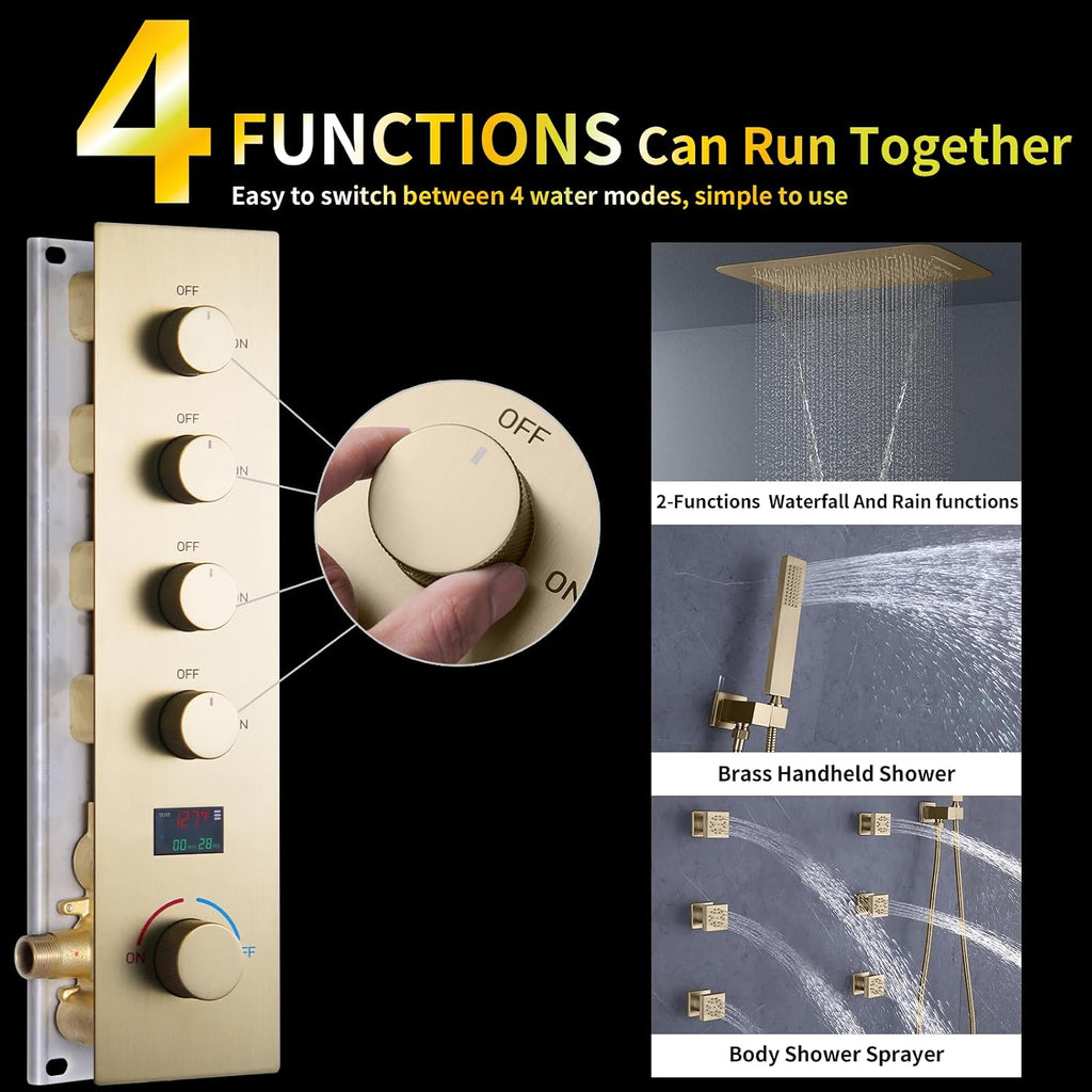 AYIVG Brushed Gold Thermostatic Shower System 16X24 inch Rainfall And Waterfall Shower Set Ceiling Full Body Shower System with Handheld Spray and Digital Display Pressure Balance Valve