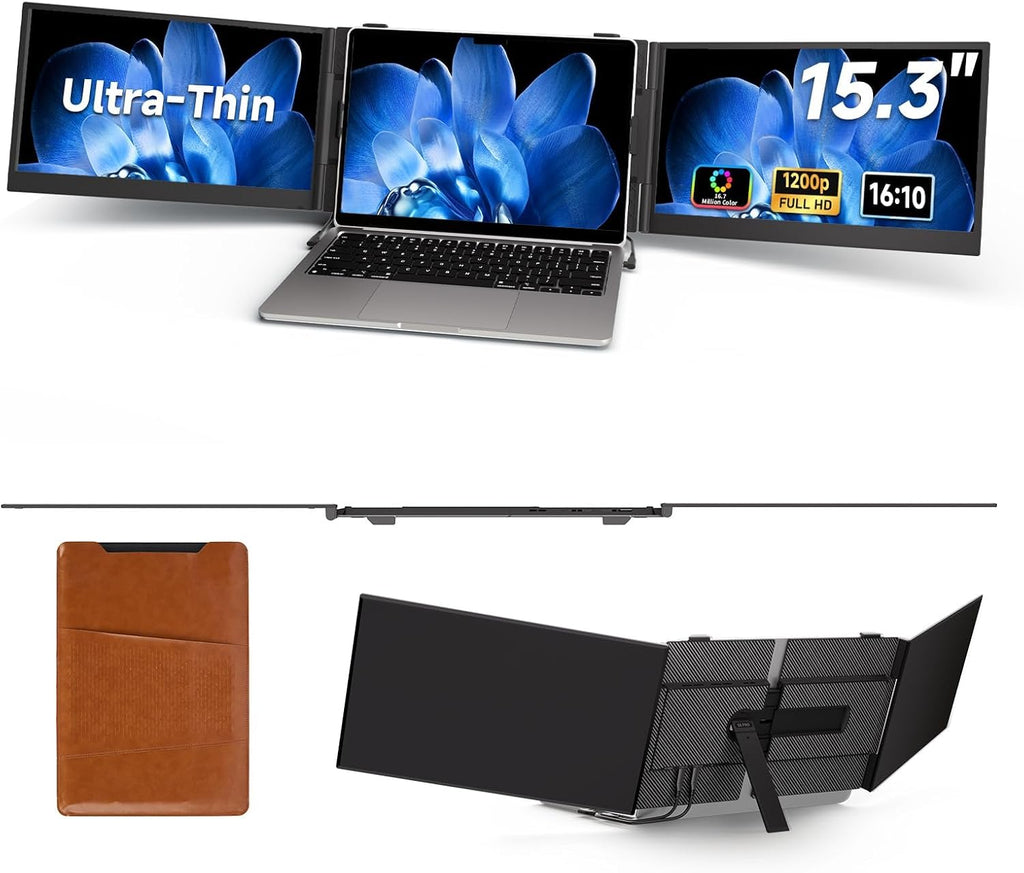 15.3' Laptop Screen Extender, 1200P FHD Ultra-Thin Triple Screen Laptop Monitor Extender, 100% sRGB Travel Portable Monitor for Laptops, Multi Screens Laptops Attachment Compatible with Windows Mac