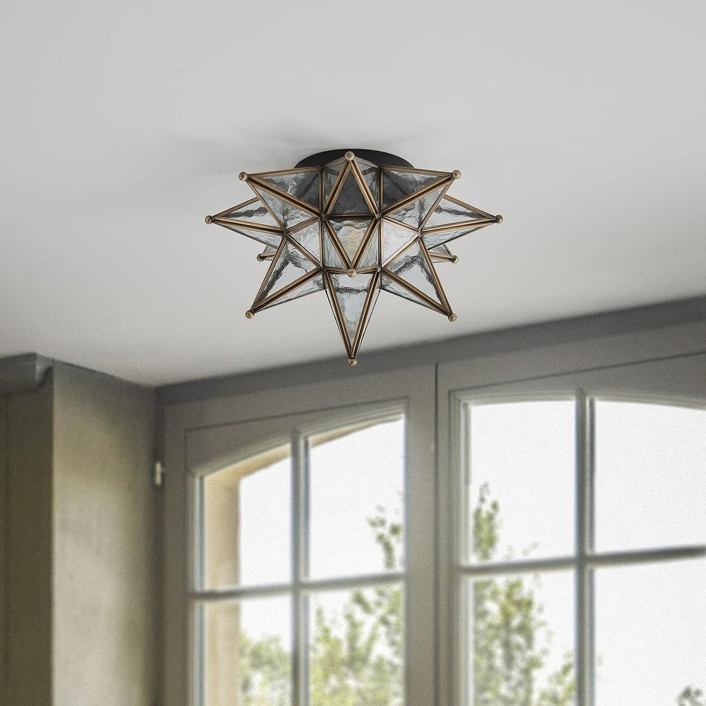 Moravian Brass Star Ceiling Light - 12.7 Inch Oil Rubbed Bronze Black Vintage Flush Mount Lighting Fixtures - Art Deco Moroccan Glass Fixture Lights for Hallway Kitchen Farmhouse Bedroom Entryway
