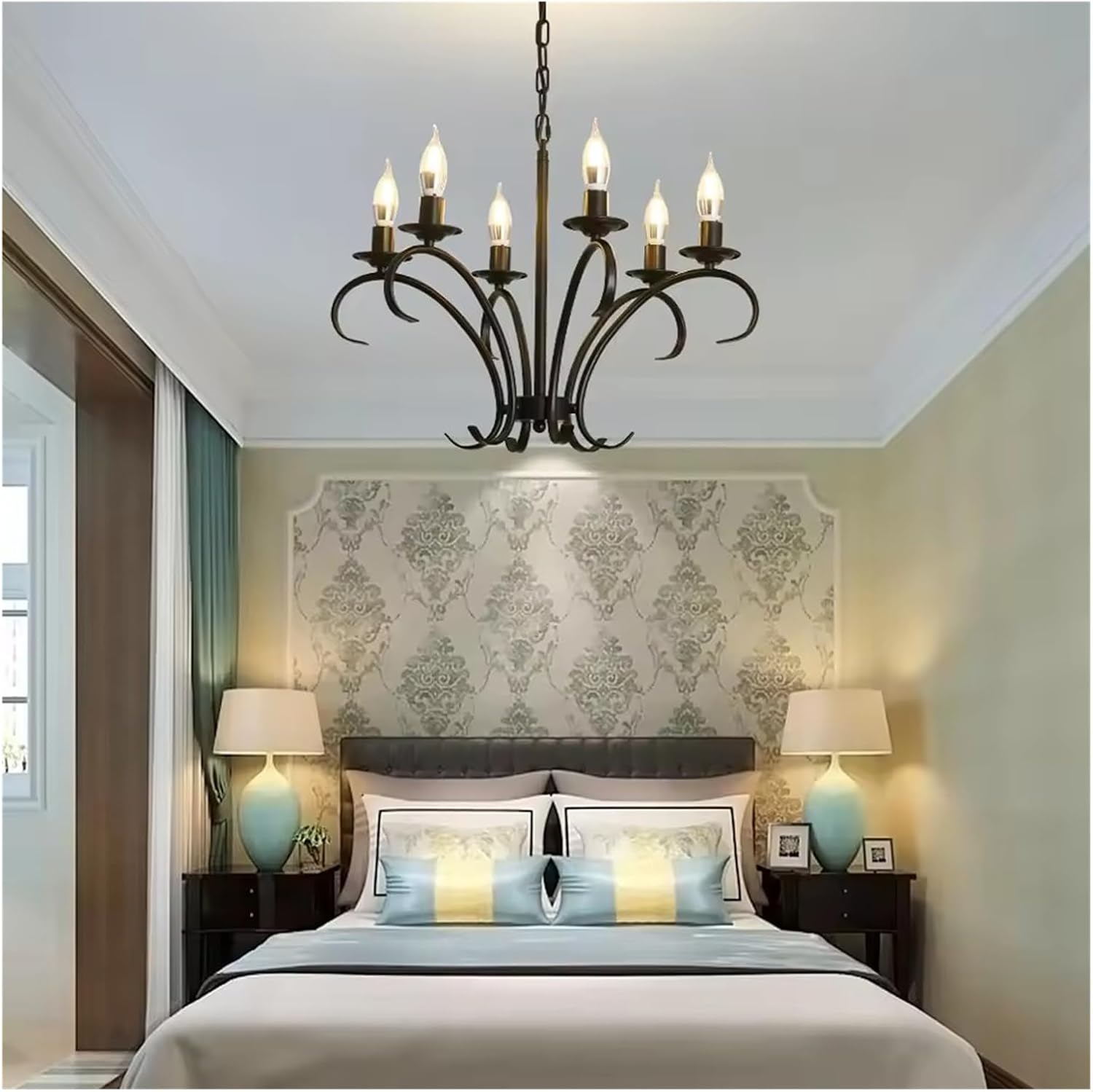 Vintage Wrought Iron LED Chandelier Candle Light Black Metal Lighting Fixture for Living Room Foyer Hanging Pendant Lamp,Dining Light Fixtures