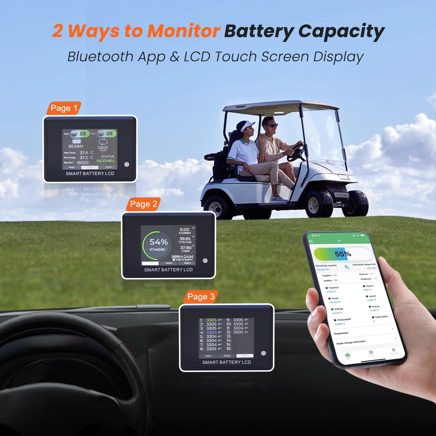 36V Lithium Golf Cart Battery, 200A BMS - 1000A Peak Current, with Touch Monitor & Mobile APP, 4000+ Cycles 36V 105AH Lithium Battery with 25A Charger, Perfect for Golf Carts, Trolling Motor