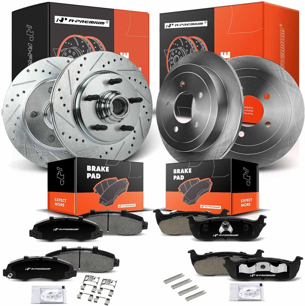 A-Premium Front and Rear Drilled and Slotted Disc Brake Rotors + Ceramic Pads Kit Compatible with Select Ford and Lincoln Models - F-150 F150 2000-2003 (RWD), Blackwood 2002, 12-PC Set