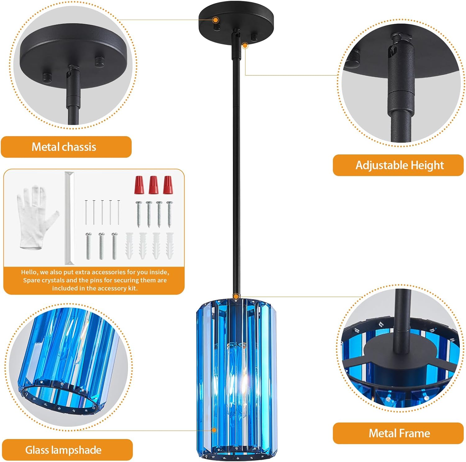 Modern Crystal Pendant Light Mini Dark Blue Chandeliers Adjustable Pendant Lights Fixture for Kitchen Island Dinning Room Corridor Bedroom(Dark Blue 3-Pack