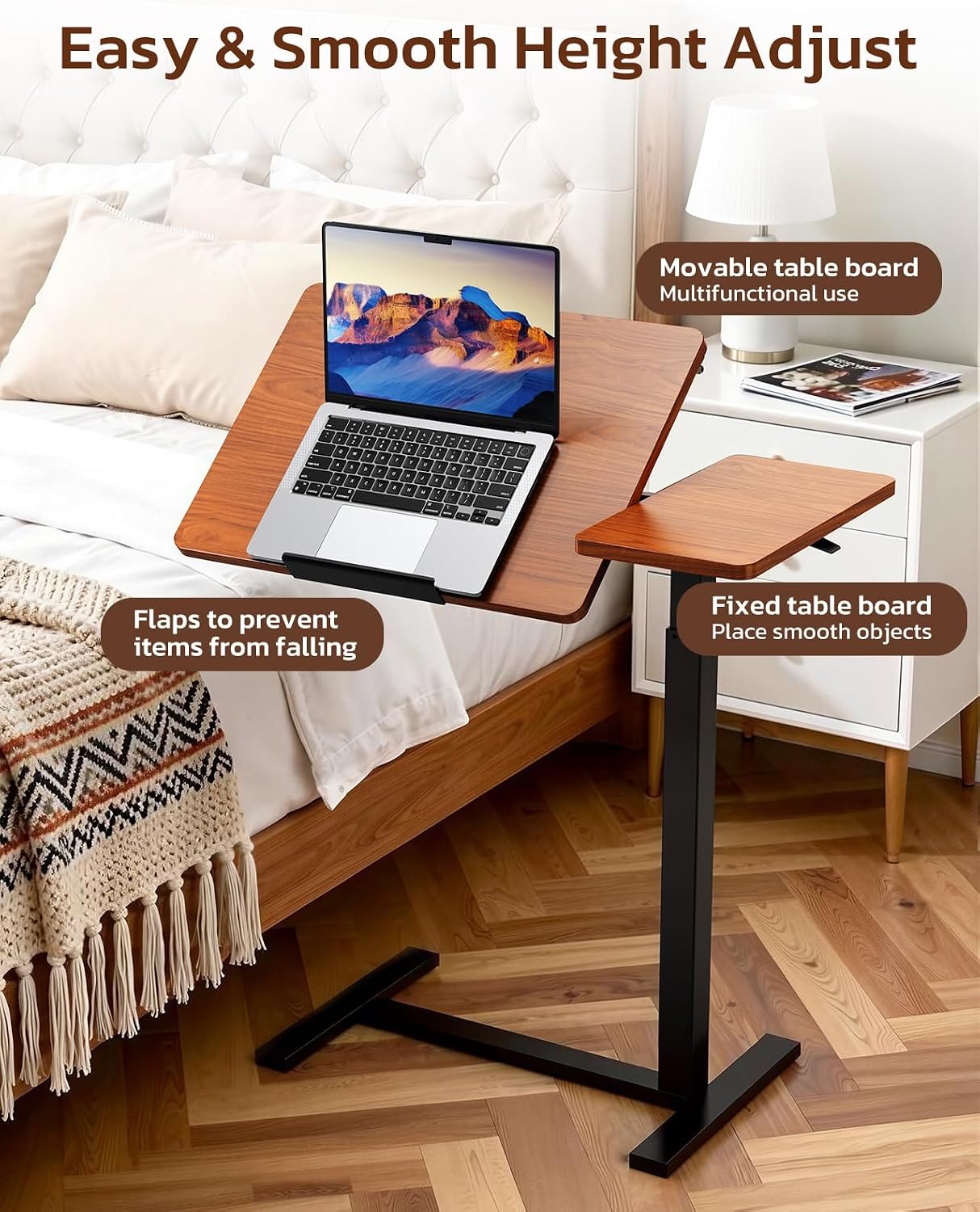 Small Standing Desk Rolling Table with Hidden Casters, Adjustable Height Laptop Mobile Stand Desks, Portable Computer Workstation with Tiltable Desktop for Teacher Classroom Home Office, Brown