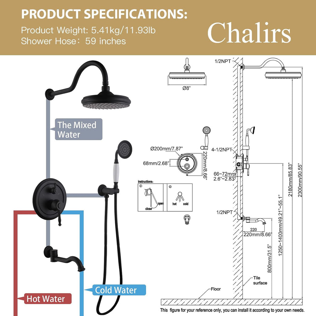 Shower Systems with Handheld Sprayer,3 Functions Shower Faucet Sets Wall Mounted,Shower Fixture with Brass Valve,Complete Shower System Kit with Foldable Tub Spout (Matte Black)
