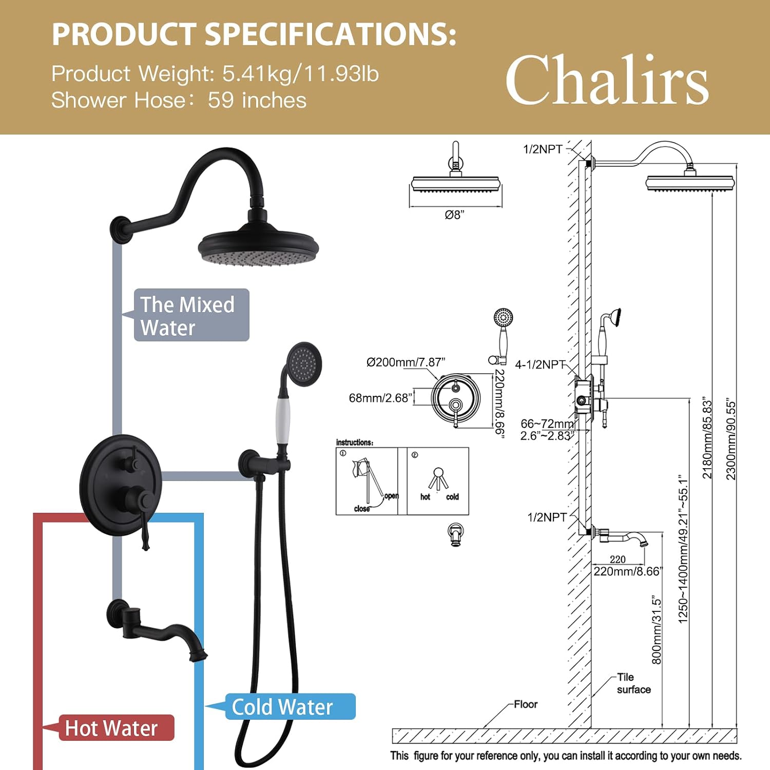 Shower Systems with Handheld Sprayer,3 Functions Shower Faucet Sets Wall Mounted,Shower Fixture with Brass Valve,Complete Shower System Kit with Foldable Tub Spout (Matte Black)