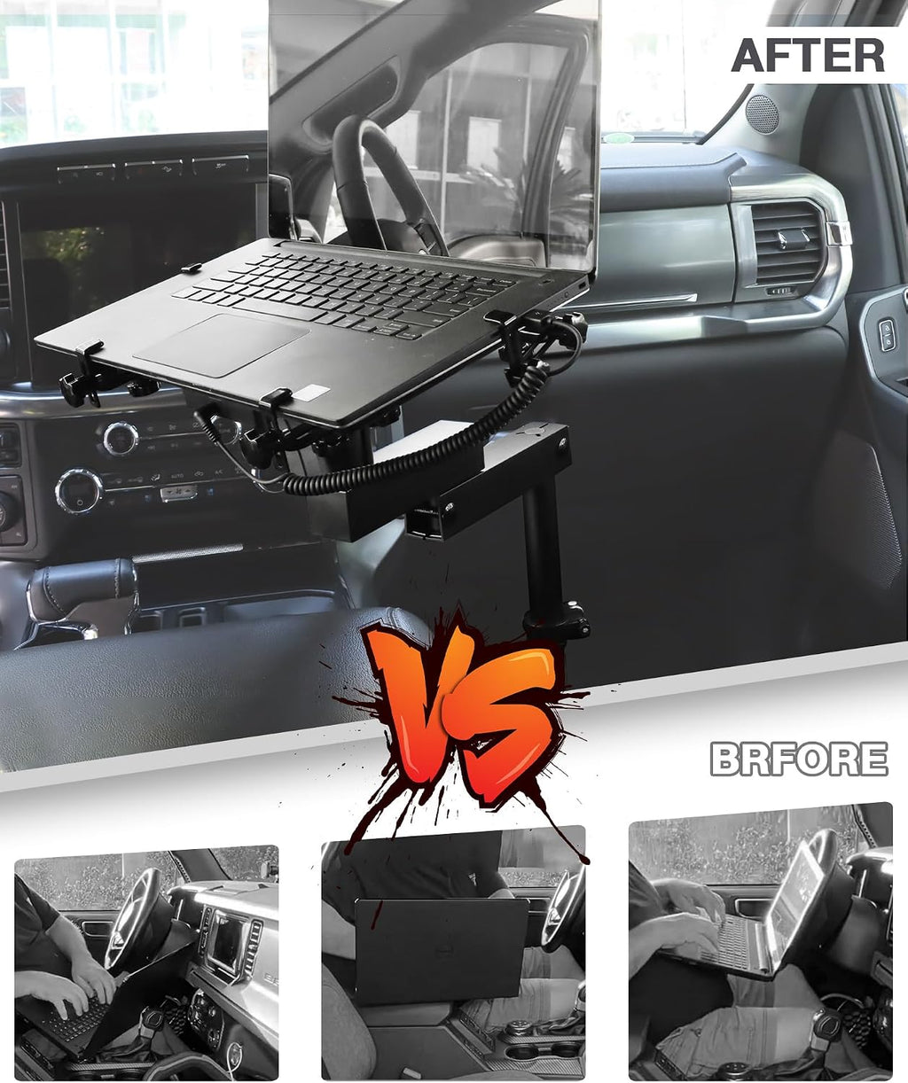 MELIPRON Truck Laptop Mount Fit for 15-25 Ford F150, 17-25 F250, F350, F550, No-Drilling Vehicle Computer Stand for Passenger Seat, Adjustable Height, 2 Built-in Cooling Fans