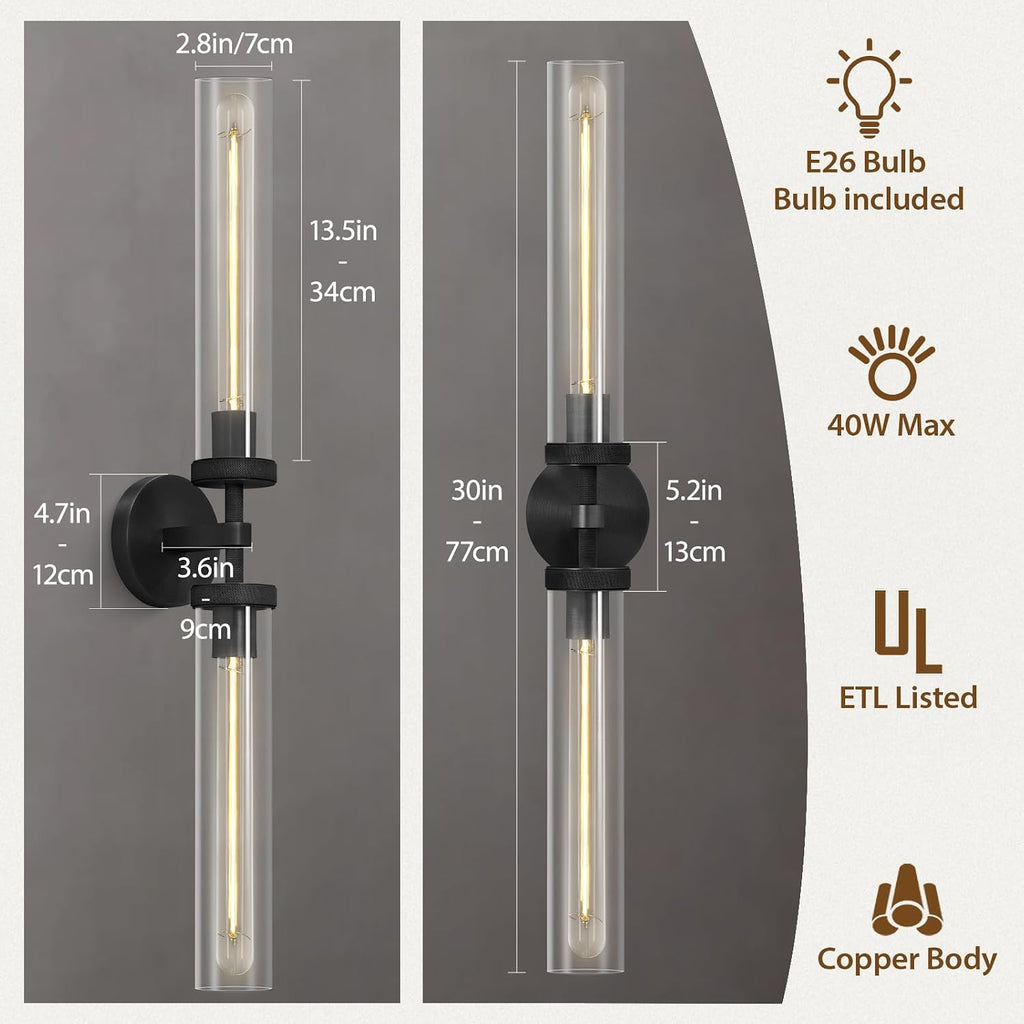 Modern 2-Light Black 30in Knurled Wall Sconces, Double Glass Sconces Wall Lighting, Bathroom Vanity Light Sconces, Wall Lights for Living Room Bedroom Hallway Kitchen Bathroom Mirror Includes bulbs