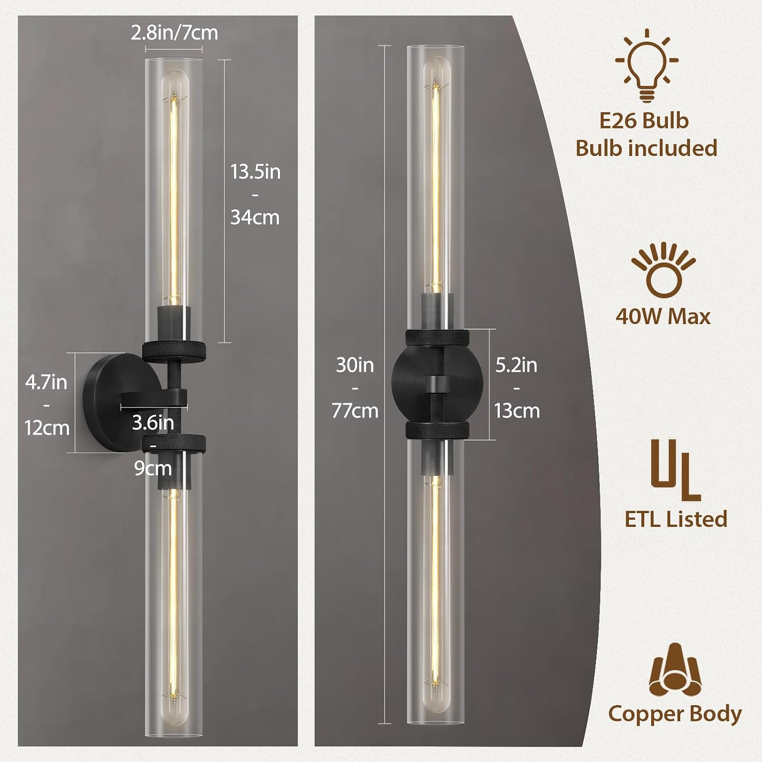 Modern 2-Light Black 30in Knurled Wall Sconces, Double Glass Sconces Wall Lighting, Bathroom Vanity Light Sconces, Wall Lights for Living Room Bedroom Hallway Kitchen Bathroom Mirror Includes bulbs