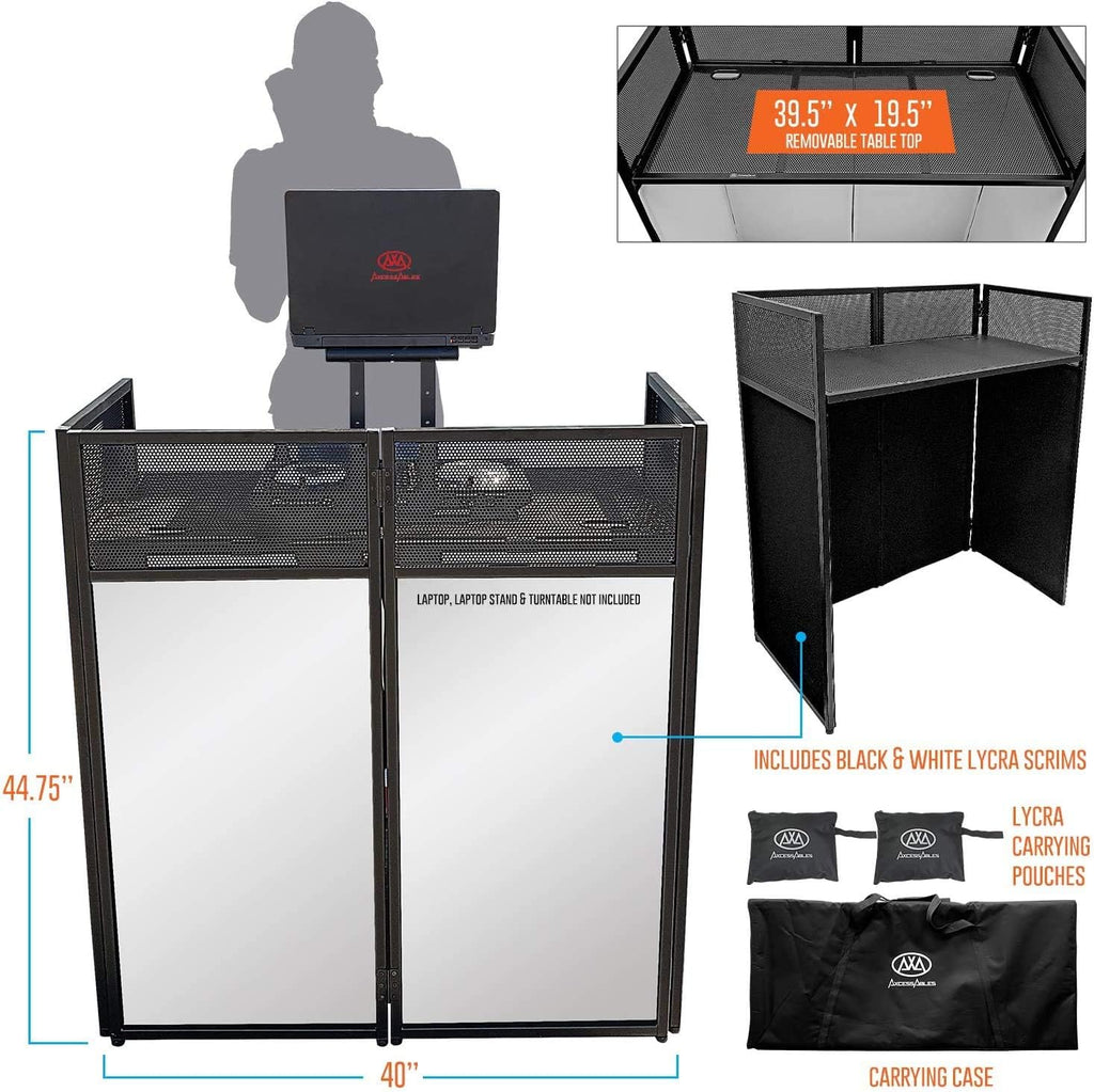 AxcessAbles Portable DJ Facade Booth with Black and White Lighting Scrims, Carry Cases | Standing DJ Table - 40' x 20' | DJ Controller Stand | Recording Mixer Stand | DJ Booth (ES-01)