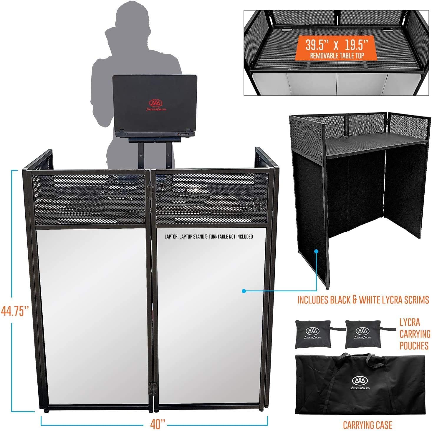 AxcessAbles Portable DJ Facade Booth with Black and White Lighting Scrims, Carry Cases | Standing DJ Table - 40' x 20' | DJ Controller Stand | Recording Mixer Stand | DJ Booth (ES-01)