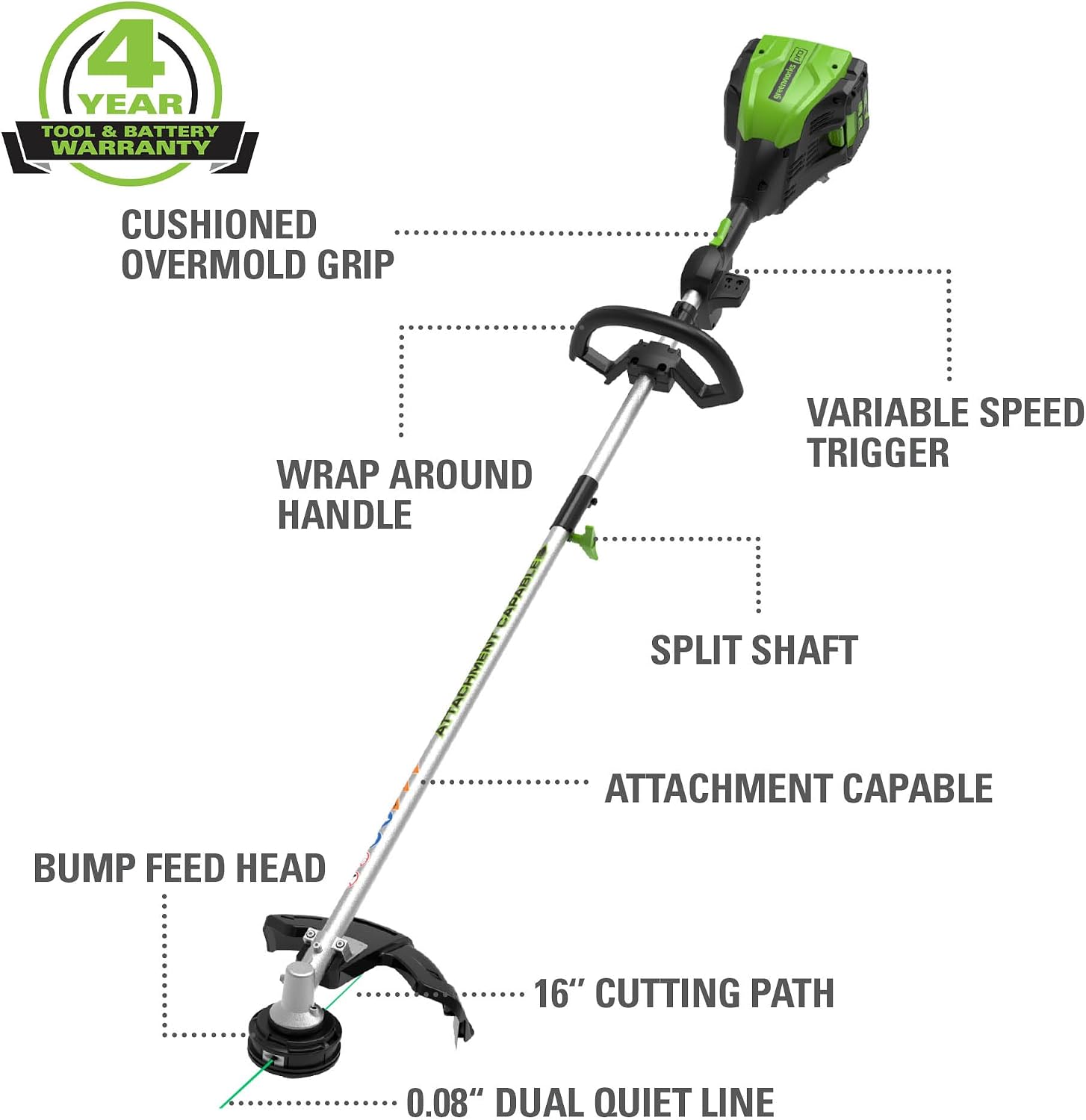Greenworks Pro 80V 16 inch Cordless String Trimmer (Attachment Capable), 2Ah Battery and Charger Included GST80321