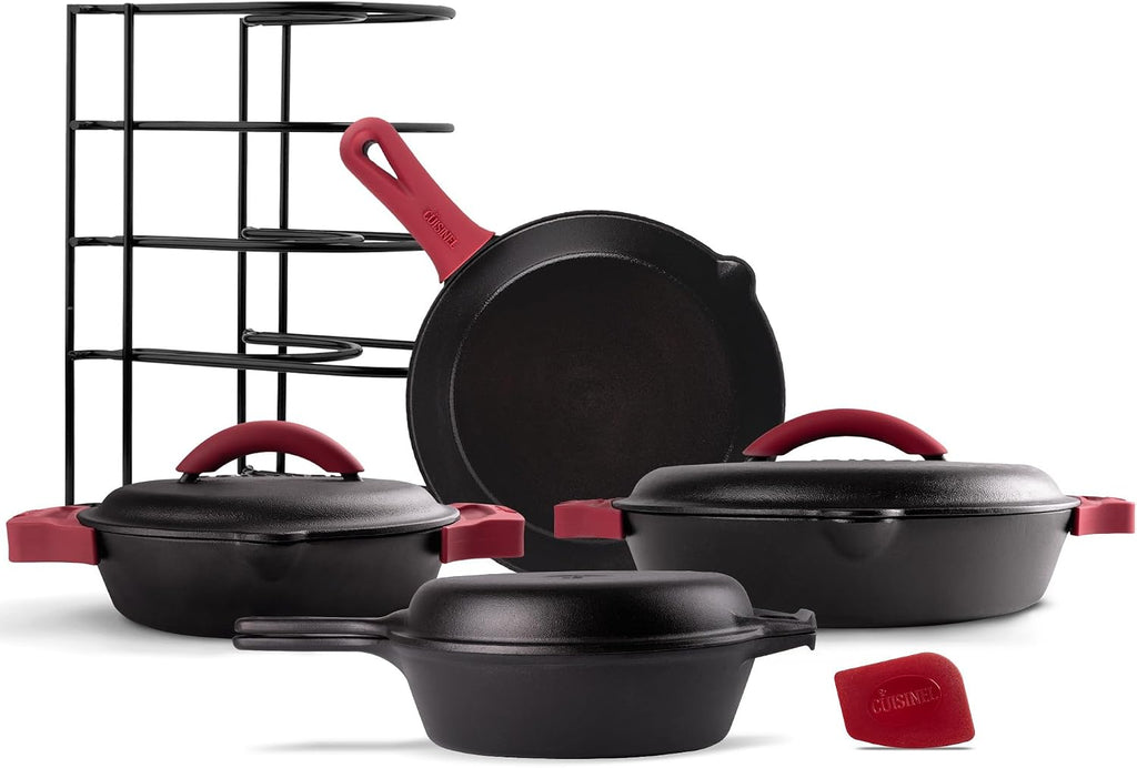 Cuisinel Cast Iron 16-Piece Pre-Seasoned Cookware Set - 8' + 12' Braiser Pans + Cast Iron Lids + 10' Skillet + 2-in-1 Multi-Cooker + 12' Organizer + Scraper + Silicone Handle Covers - Fire, Oven Safe