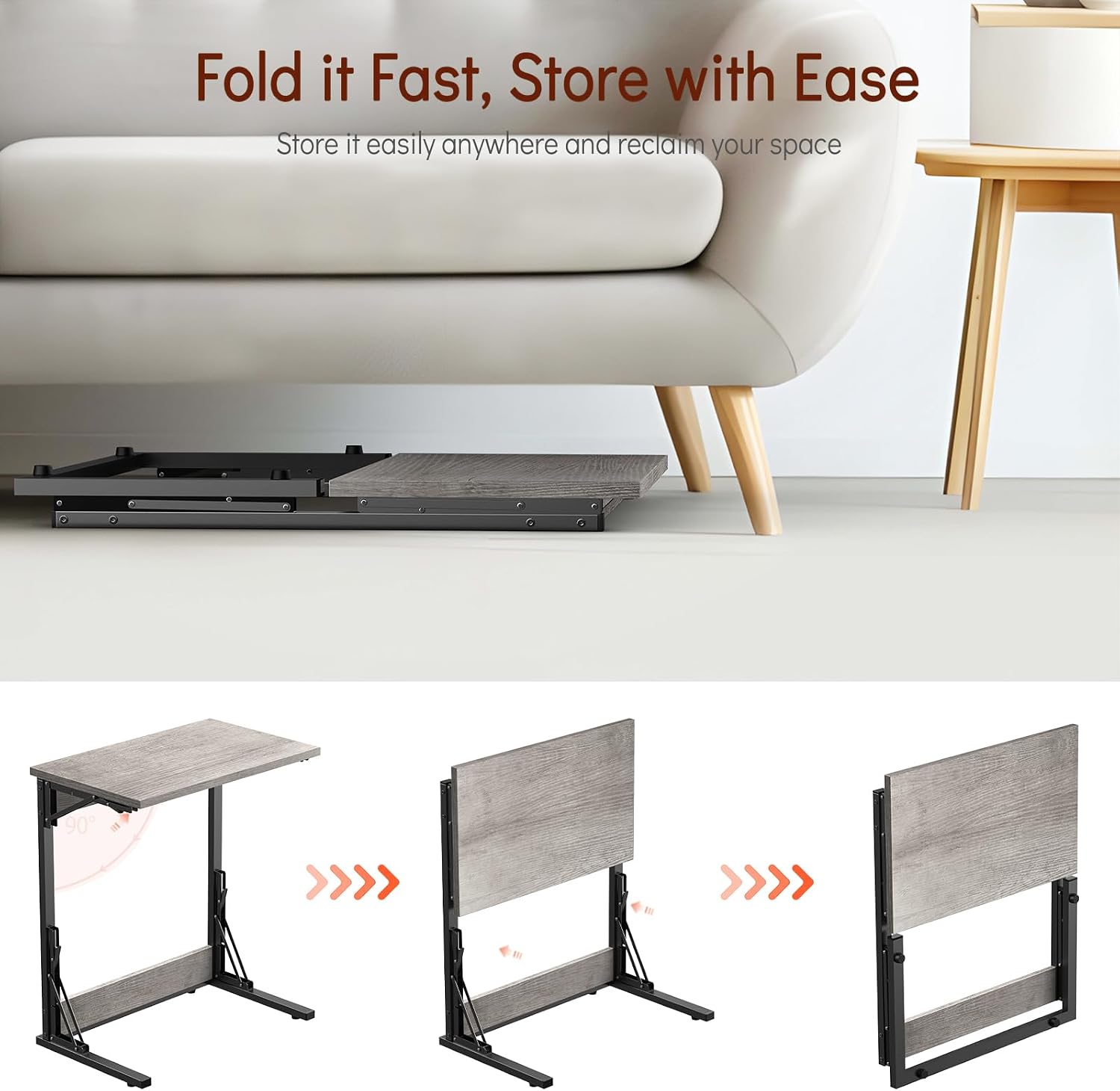 Tatub 24' TV Tray Table Set of 2, Folding C Shaped End Table, Small Sofa Side Laptop Desk for Living Room, Bedroom, Light Ivory