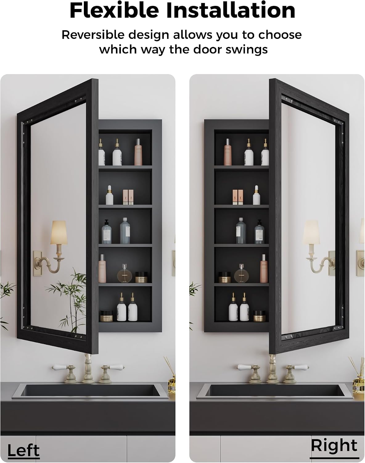 FLYJOE Medicine Cabinet Mirror 24 x 36 Inch Farmhouse Bathroom Mirror Door Solid Wood Storage Cabinet with Adjustable Shelves, Wall Mounted for Bathroom Living Room, Black