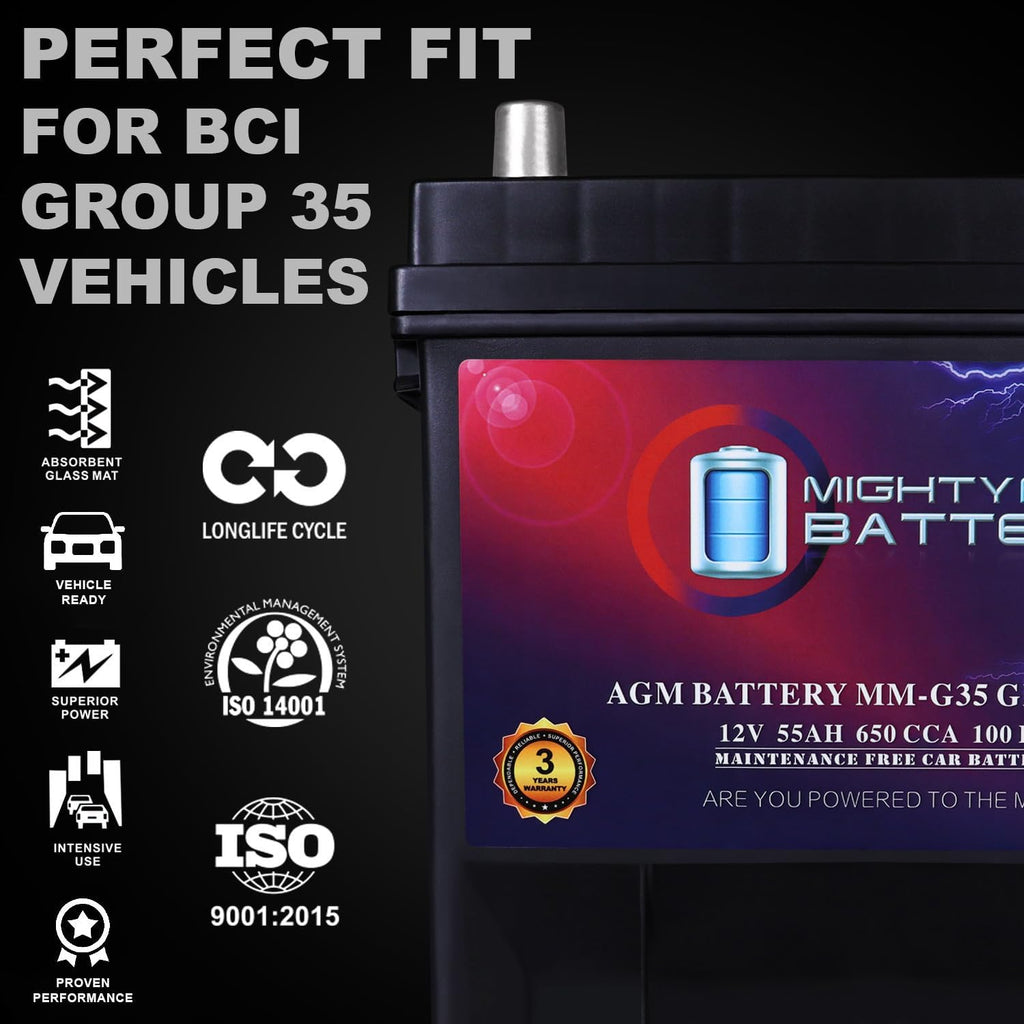 Mighty Max Battery MM-G35 Start and Stop Car BCI Group Size 35 12V 55Ah, 100RC, 650 CCA Rechargeable AGM Car battery