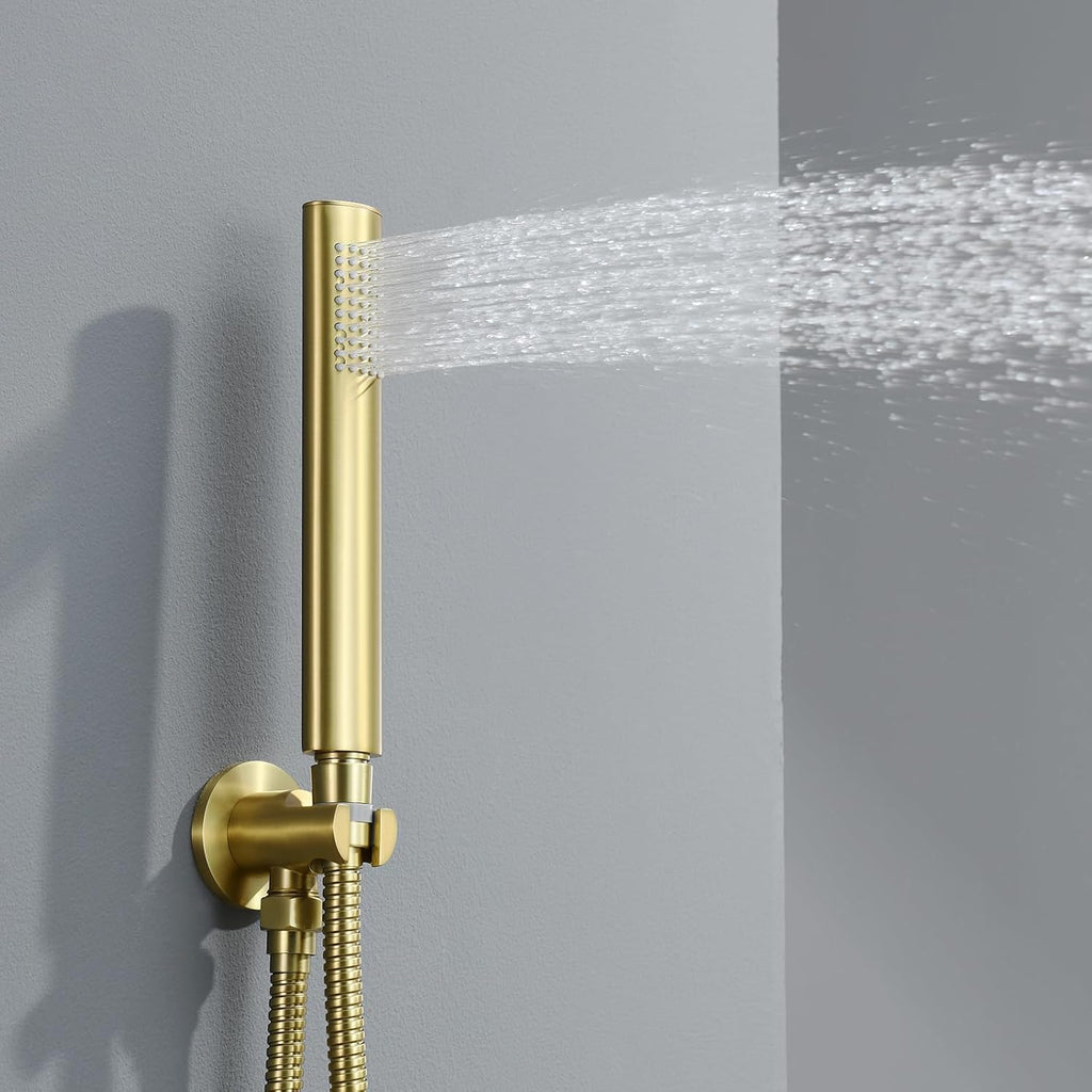 Brushed Gold Shower Faucet Set, Gold Shower System with Rain Shower and Handheld Bathroom Ceiling 12 Inch Shower Set with Brass Valve