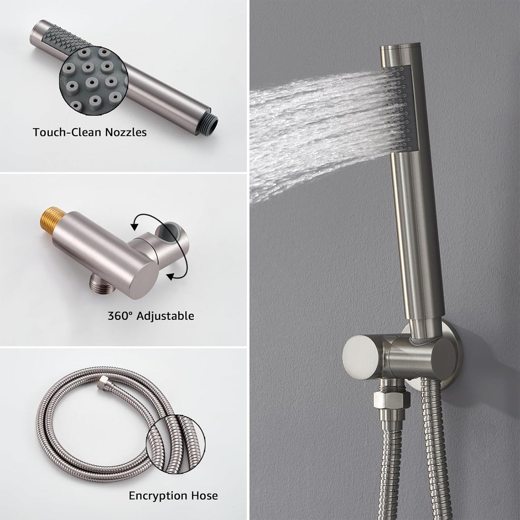 Iriber Brushed Nickel Round Rain Shower System with 4 PCS Body Jets 3 Function Shower Faucet Set Contain 12 Inch Shower Head and Handheld Wall Mounted Pressure Balance Shower Trim Kit (Valve Included)