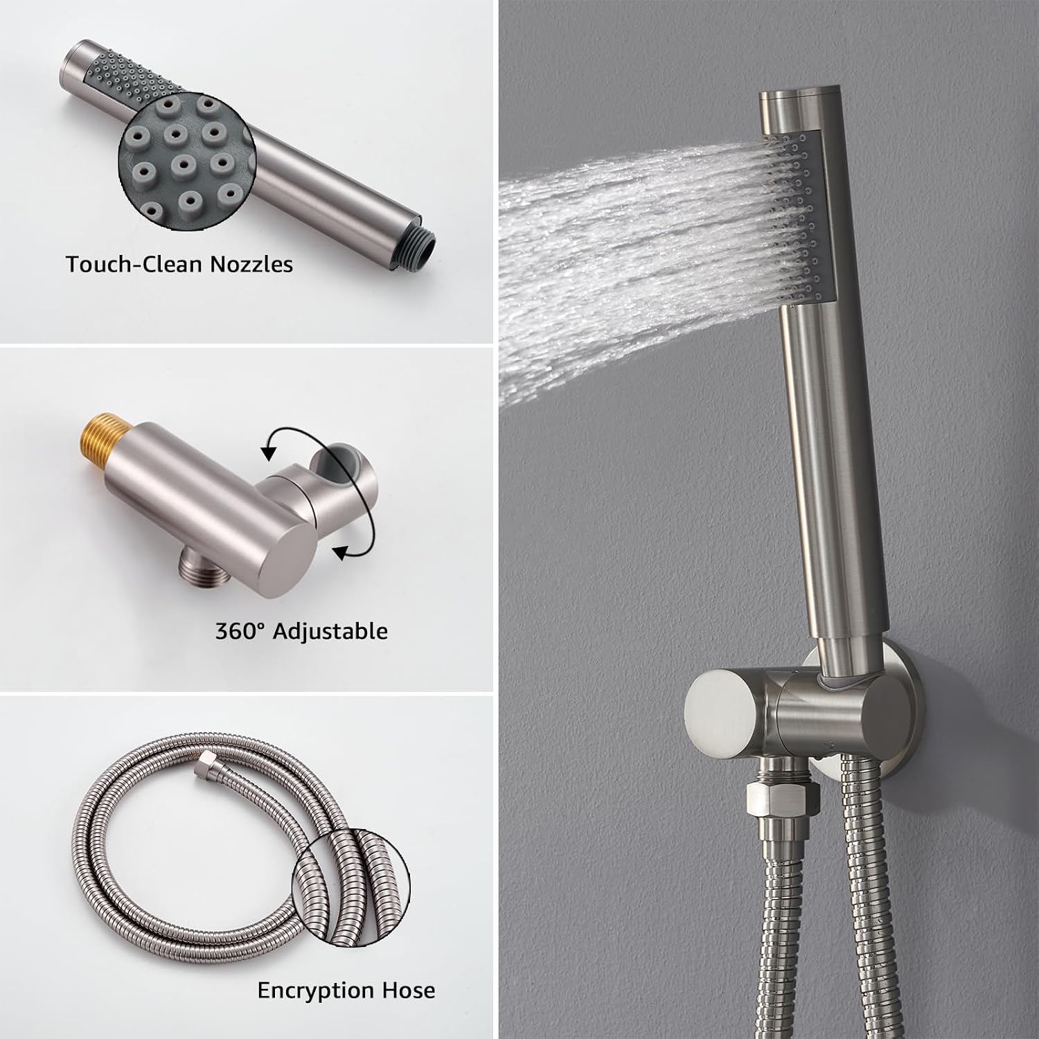 Iriber Brushed Nickel Round Rain Shower System with 4 PCS Body Jets 3 Function Shower Faucet Set Contain 12 Inch Shower Head and Handheld Wall Mounted Pressure Balance Shower Trim Kit (Valve Included)