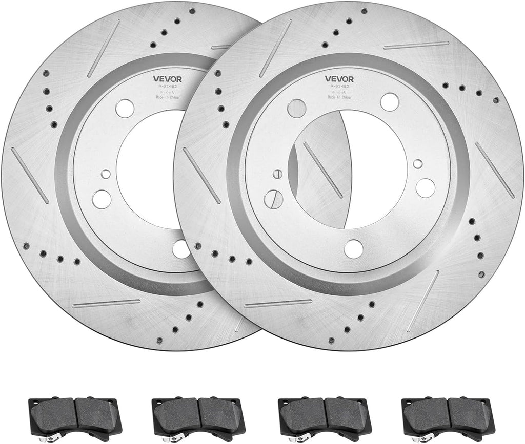 VEVOR Brake Pads and Rotors Kit Front and Rear, Compatible with 2007-2021 Toyota Tundra (5 Lug Models), 2008-2021 Toyota Sequoia, Drilled and Slotted Brake Rotors Ceramic Brake Pads Replacement Kit