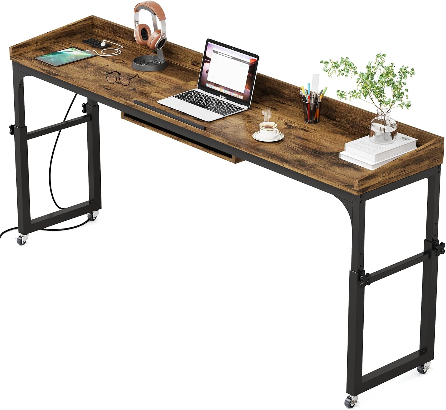 LITTLE TREE Overbed Table with Wheels Adjustable Height, Rolling Table with Outlets & USB Ports for Queen Bed, Giant Adjustable Over the Bed Desk with Tilt Stand, Brown