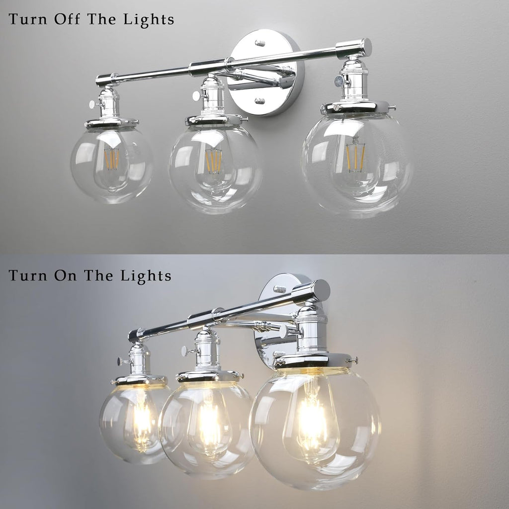 Phansthy 3-Light Wall Sconces Antique Brass Vanity Light, Industrial Wall Lamps with On Off Switch and Clear Glass Lampshade, Vintage Wall Lighting for Bathroom Living Room (Chrome, Globe Shade)