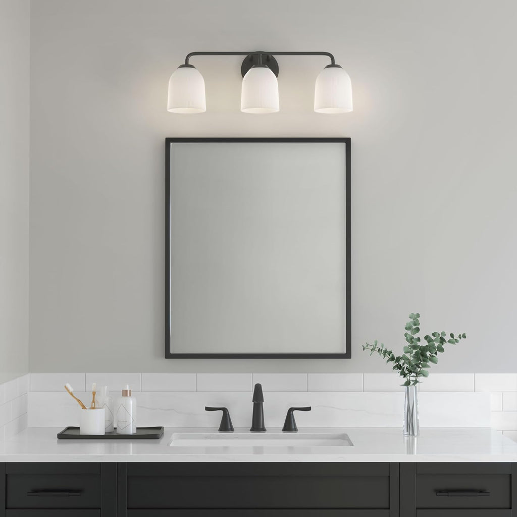 ML Lighting | Norah Collection | 22303-MB | 3 Light Vanity in Matte Black Finish with Opal Ribbed Glass Shade | Versatile Design That adds High-End Texture and Elegance to Your Bathroom