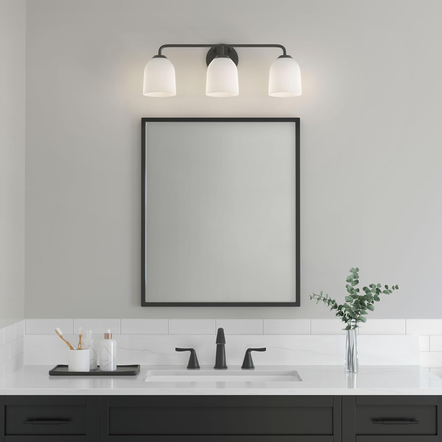 ML Lighting | Norah Collection | 22303-MB | 3 Light Vanity in Matte Black Finish with Opal Ribbed Glass Shade | Versatile Design That adds High-End Texture and Elegance to Your Bathroom