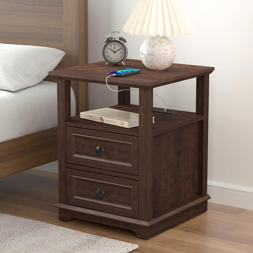 REDAYFUR 24' Tall End Table with Charging Station, Double 18W Fast Charge, Large 18' Bedside Table with Drawers, Rustic Wood Storage Cabinet with Open Shelf for Bedroom, Cherry