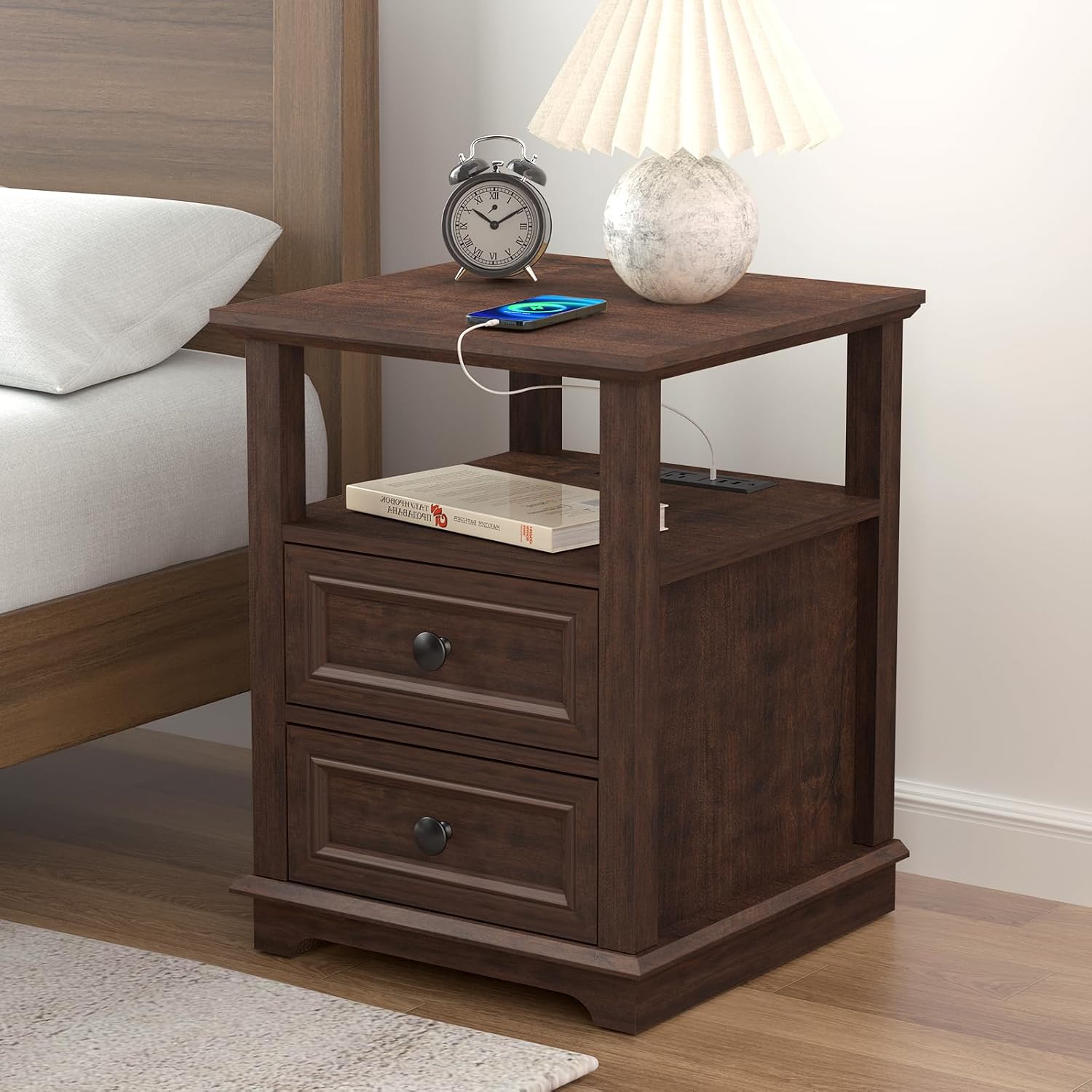 REDAYFUR 24' Tall End Table with Charging Station, Double 18W Fast Charge, Large 18' Bedside Table with Drawers, Rustic Wood Storage Cabinet with Open Shelf for Bedroom, Cherry