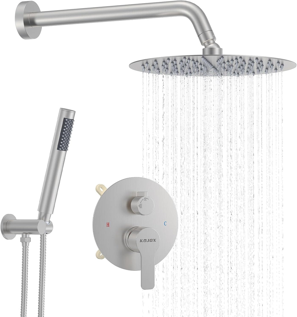 12-Inch Brushed Nickel Shower System: Ultimate High-Pressure Experience with Rainfall & Handheld Heads, Wall-Mounted Mixer, Rough-In Valve, & Trim Kit