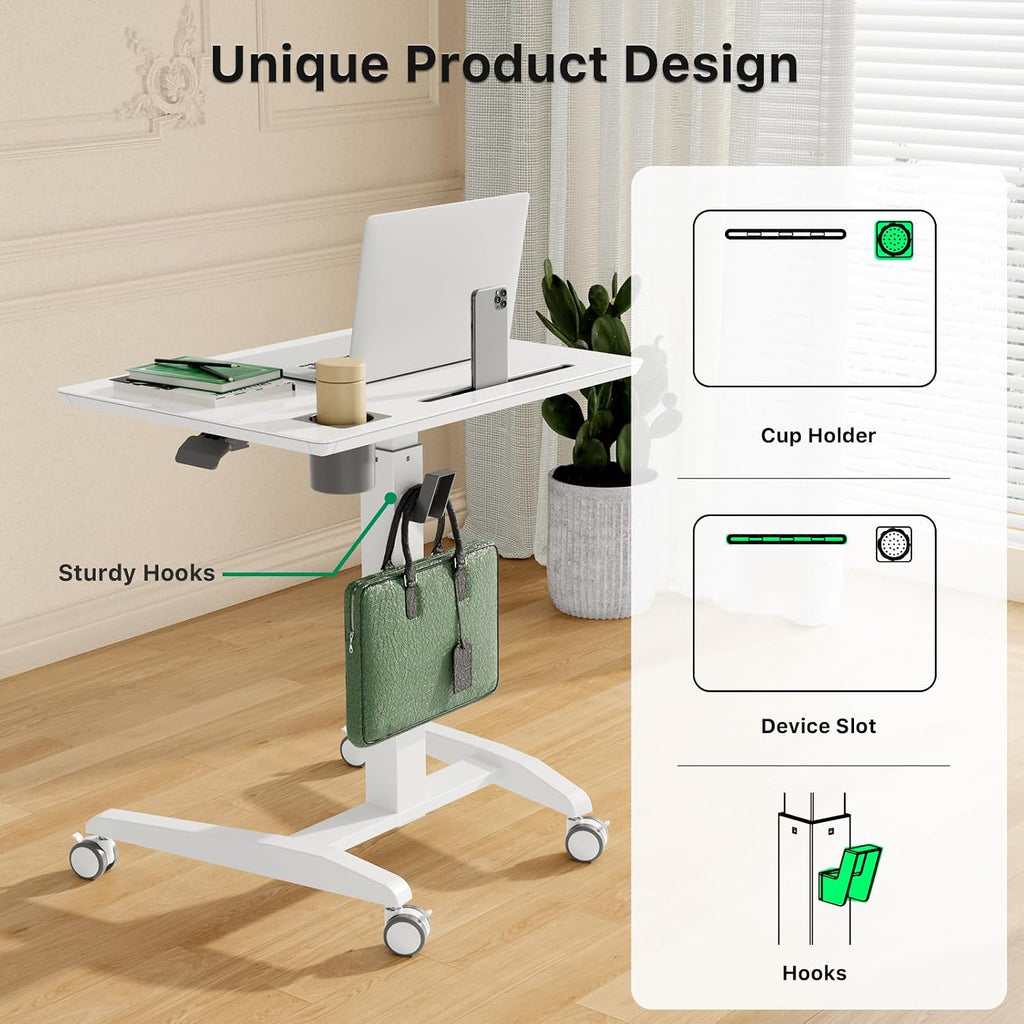 Gibbon Mounts Glass Mobile Standing Desk, Height Adjustable Rolling Laptop Table, 27 inches Portable Sit Stand Desk with Wheels and Hook, Pneumatic Computer Workstation, White